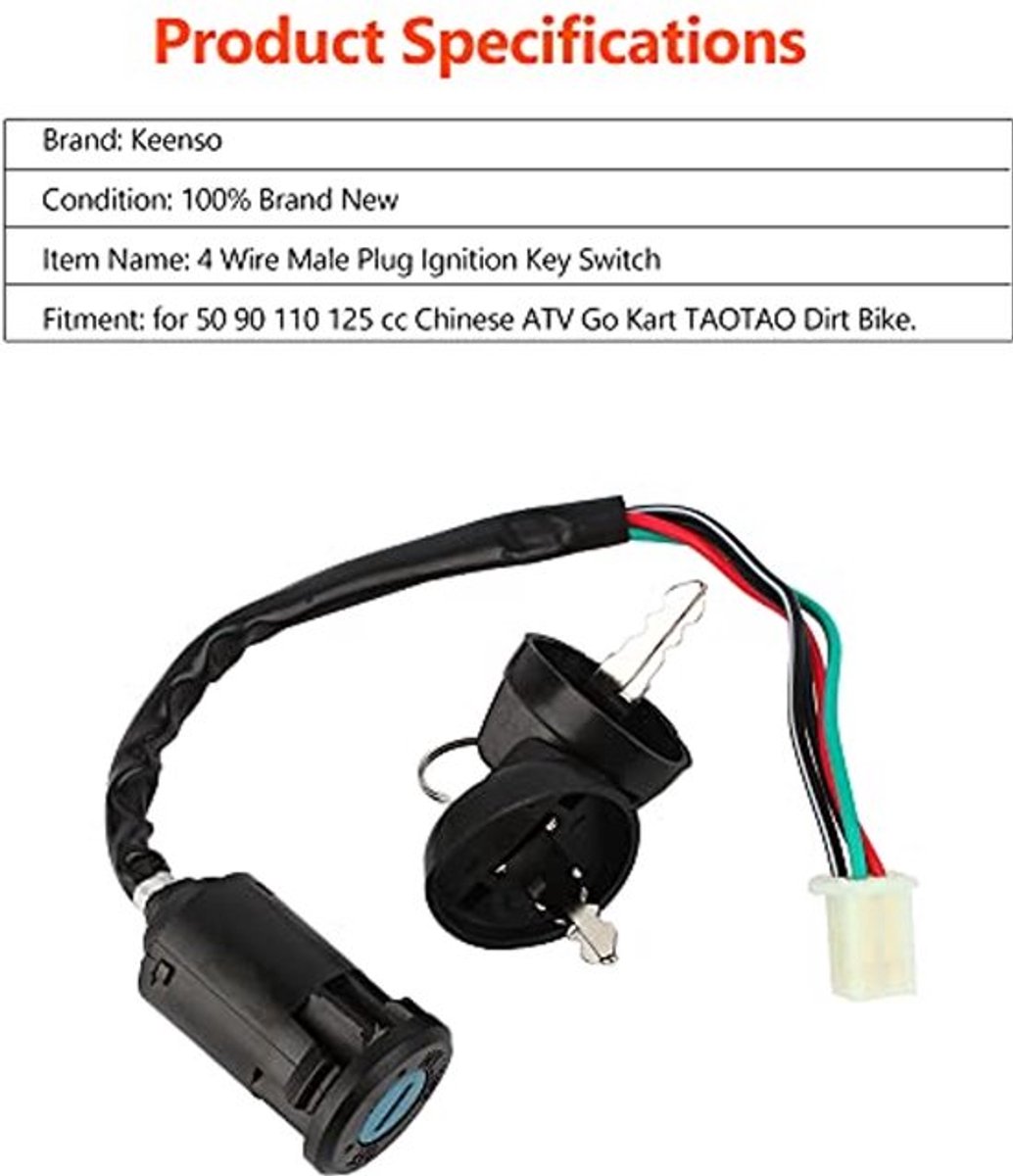 Motorfiets contactslot, universeel, ATV, 4-polig contactslot, waterdicht contactslot, starterschakelaar voor 50, 90, 110, ATV, TAOTAO bike Automotive schakelaars