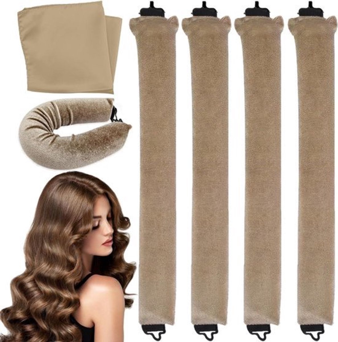 4PCS Heatless Curlers Hoofdband Haarkrullers met Vierkante Hoofddoek Geen Hitte Overnachting Krullen voor Lang Haar (Kaki)