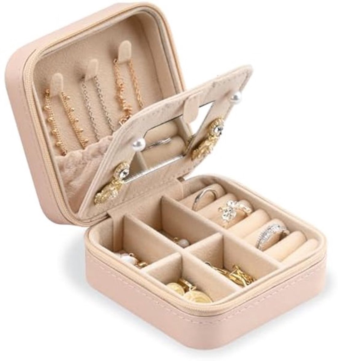 Reis Sieradendoos voor Vrouwen, Kleine Sieraden Organizer met Spiegel, Mini Draagbare Sieradendoosje, PU Leren Juwelendoos voor Ringen, Oorbellen, Kettingen (Roze)