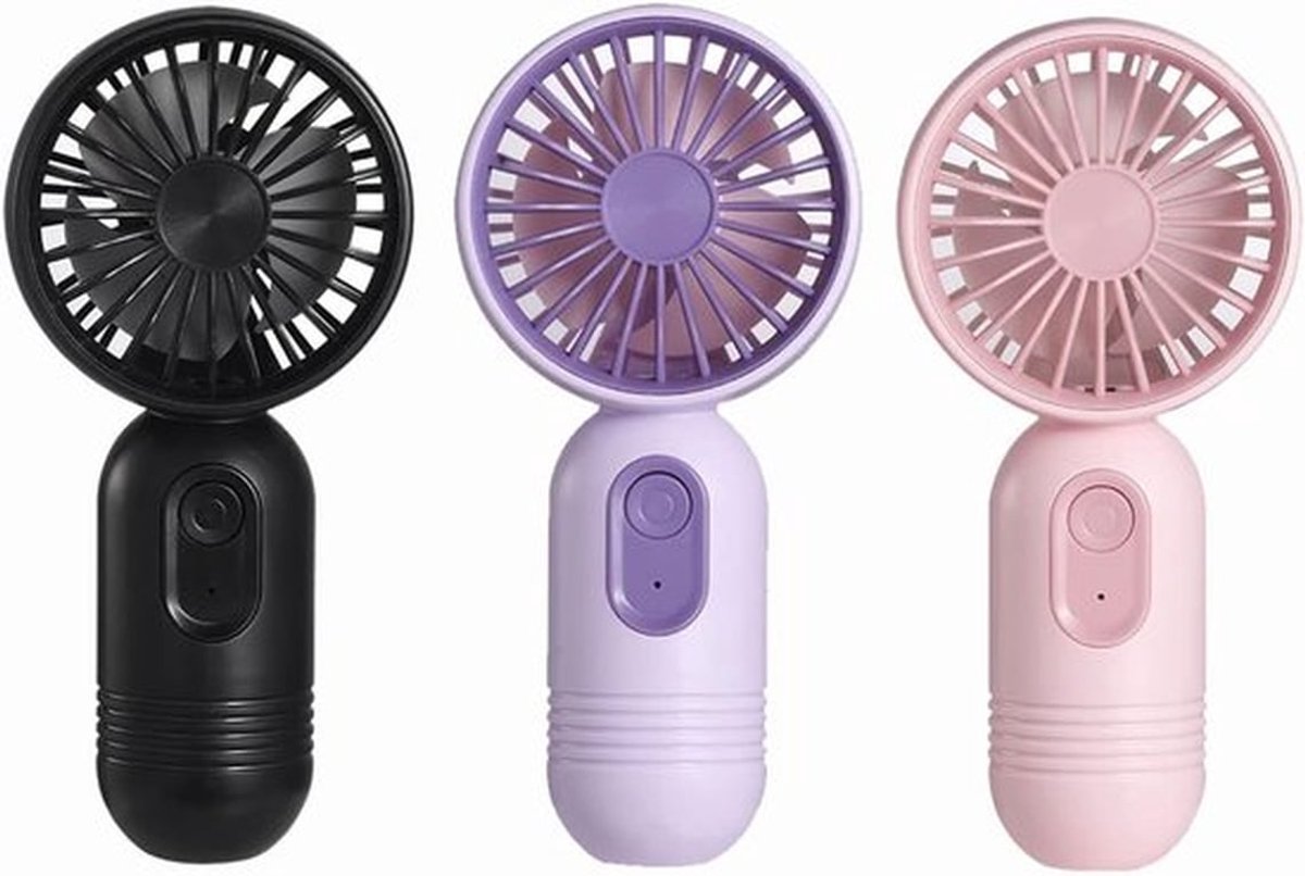 Draagbare miniventilator - Set van 3: Roze, Paars, Zwart - Handventilator - 3 snelheidsinstellingen - Gemakkelijk vast te houden of in een tas te gooien - Oplaadbaar via USB of batterij - Stille werking - Ideaal voor op reis, kamperen of reizen