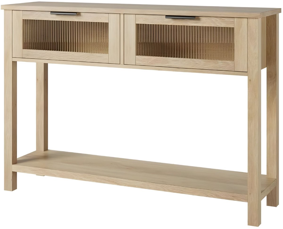 Consoletafel 2-Laags - Met Glazen Laden en Open Opbergplank - voor woonkamer en hal - Naturel Hout - Zwart