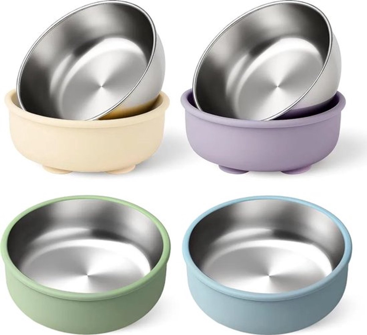 Babykom van roestvrij staal met zuignap, afneembare zuignap, siliconenmateriaal, antislip 304 roestvrij staal, kinderbord, 4-kleurige kinderservies set.