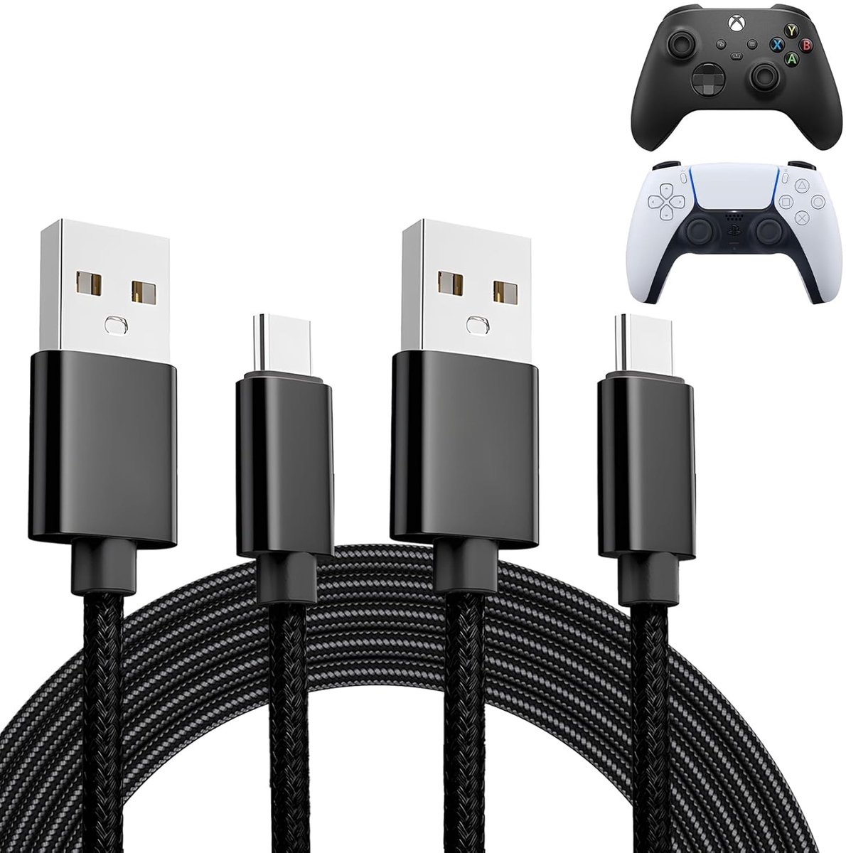 SnelShoppen - 3 Meter Oplaadkabel voor PS5/PS5 Pro Controller, Serie X S Controller, NS-controller - Gevlochten Nylon Type-C Datakabel, 2 Verpakkingen