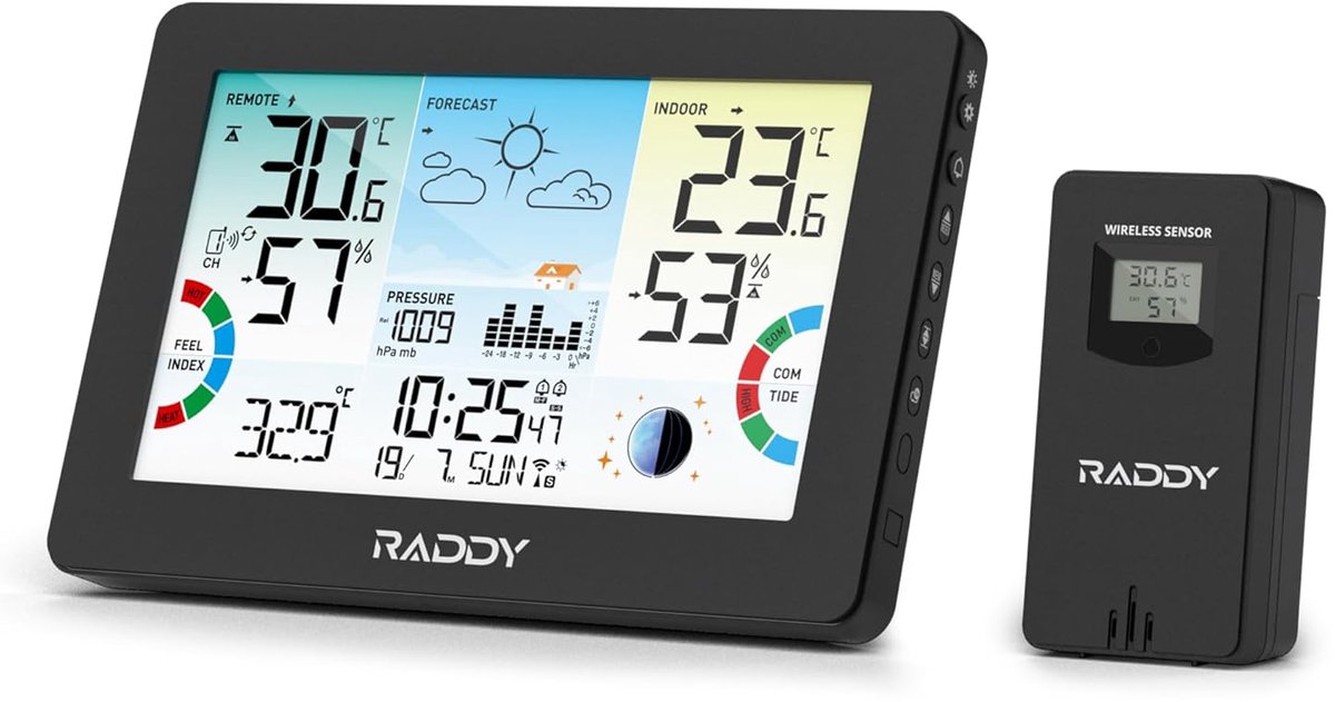 SnelShoppen - Draadloos Weerstation Binnen Buiten met 7,5" Kleurenscherm, Thermometer, Hygrometer, Barometrische Druk, Atoomklok, Hitte-index, Maanfas