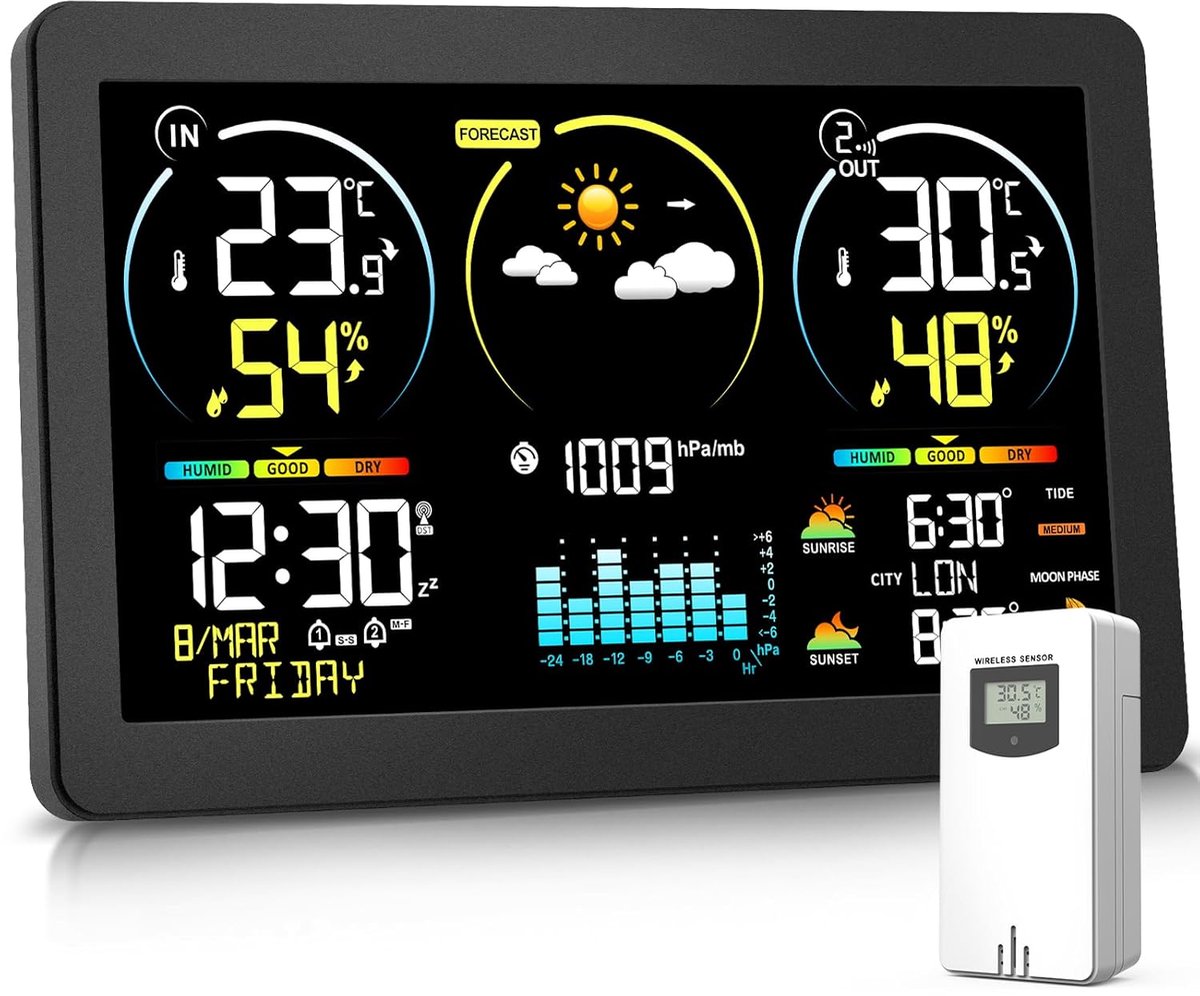 SnelShoppen - Weerstation met Buitensensor, Digitale Thermometer, Kleurendisplay, Temperatuur- en Luchtvochtigheidsweergave, Weersvoorspelling, Instel