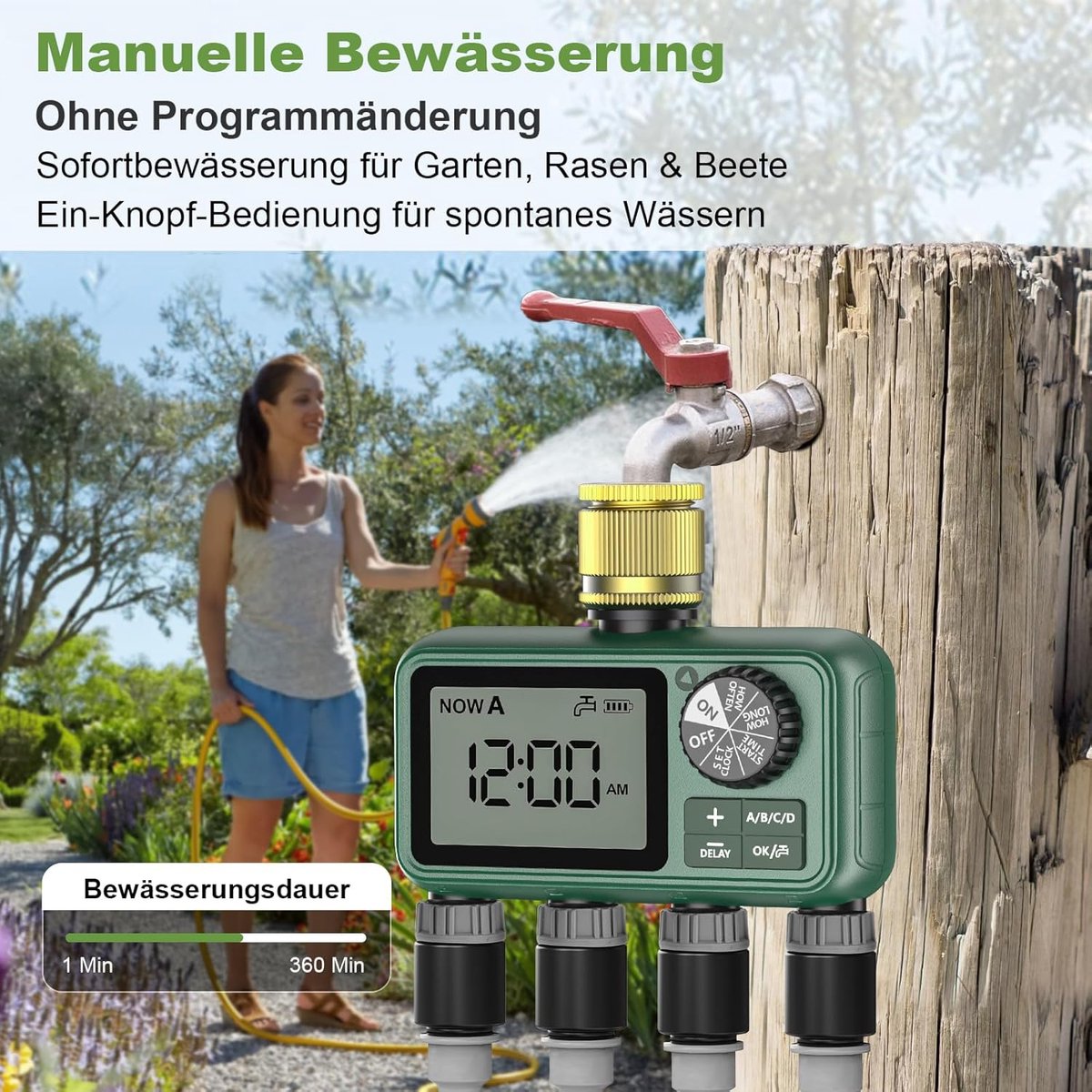 SnelShoppen - Sprinklertimer met 3 Messing Uitgangen, Programmeerbare Tuinslang-Timer met Regenvertraging, Handmatig en Automatisch Bewateringssysteem