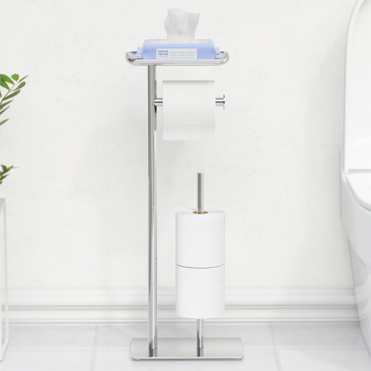 Thijox - Vrijstaande Toiletrolhouder met Bovenste Plank voor 4 Rollen - Roestvrijstalen Badkamer Toiletpapierdispenser - Strak Design voor Moderne Bad