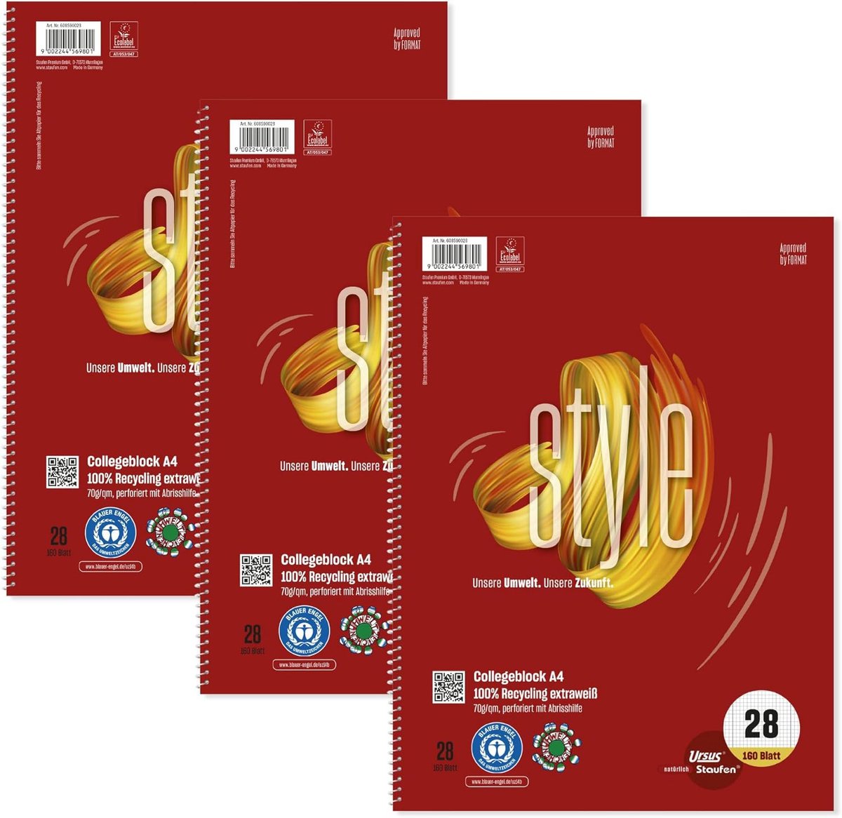 SnelShoppen - Collegeblok A4 Gelijnd 28 Vel 160 Premium Wit Gerecycled Papier 70g/m² 4 Gaten 3 Stuks Milieu Vriendelijk School Kantoor Notities