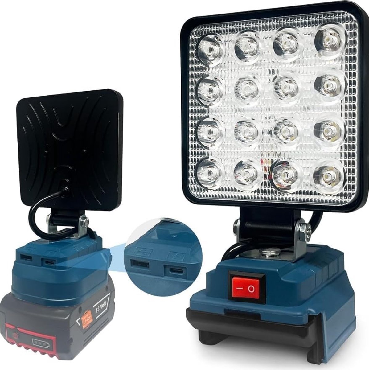 SnelShoppen - Acculamp 48W - 6100Lm LED-werklamp - Draagbare bouwplaatslamp met Type C en USB-oplaadpoort - Voor Bosch 18V accu's - Zwart/Blauw