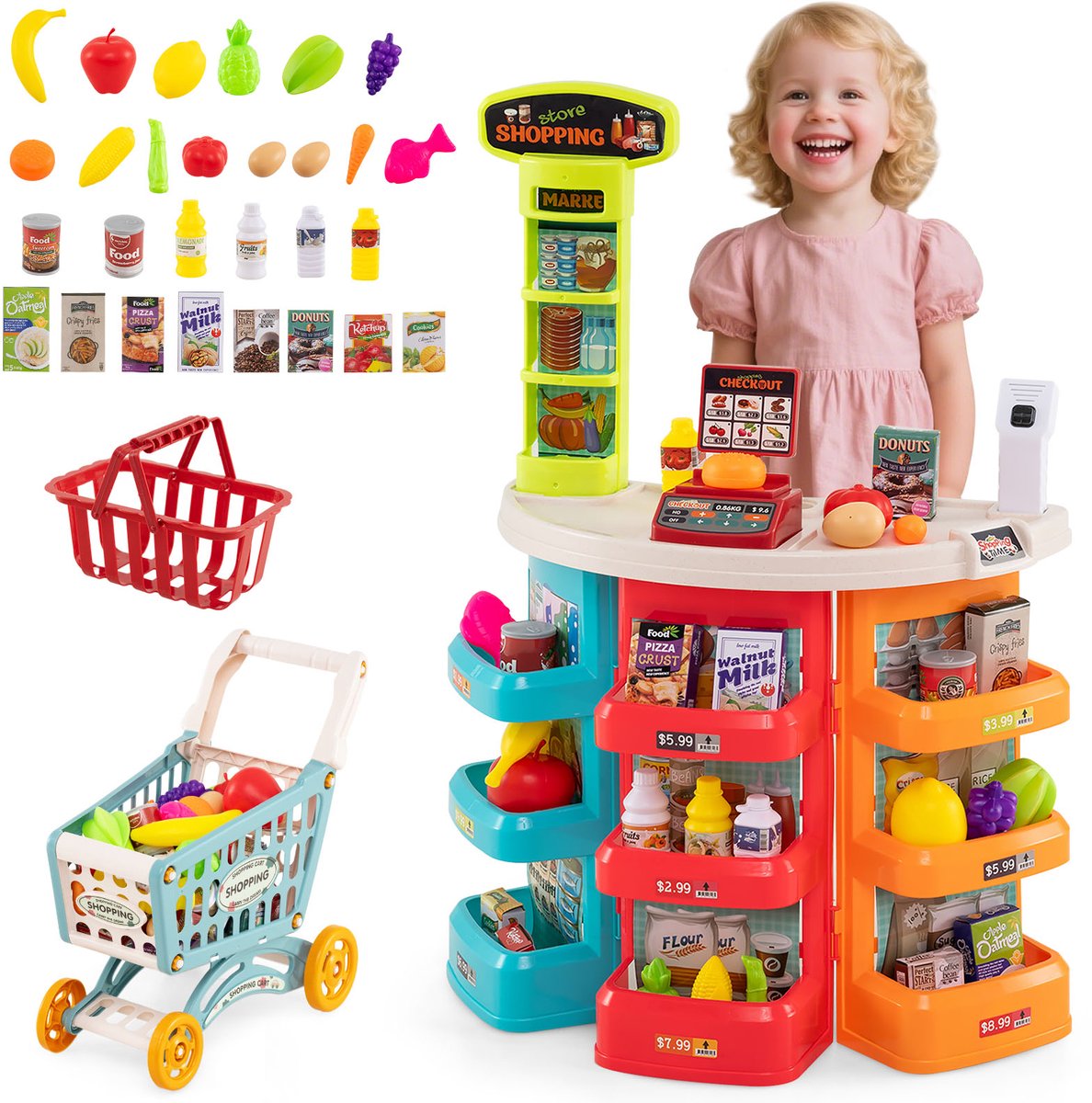 COSTWAY 29-delige Winkelwagentje voor Kinderen met Boodschappenkar & Scanner met Licht en Geluid, Supermarkt voor Kinderen met Schappen, Kassa & Weegschaal, voor Jongens en Meisjes 3+ Jaar (Veelkleurig)