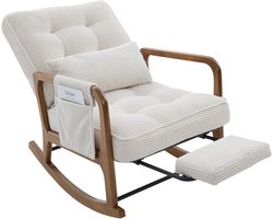 Modern Corduroy Rocking Chair with Footrest, Ergonomic Nursing Chair with Adjustable Backrest, Lumbar Support and Side Pocket, Comfortable Recliner Armchair for Living Room, Bedroom and Nursery – Beige