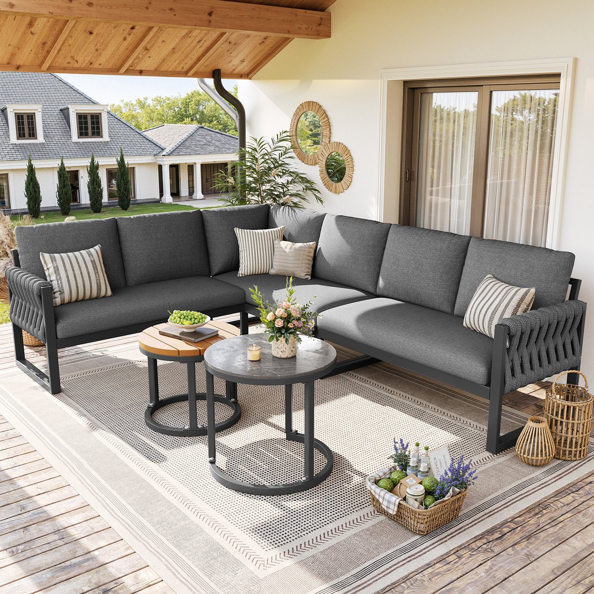 Lounge-Set - met verstelbare rugleuning - inclusief kussens - weerbestendig - kleur grijs - metaal