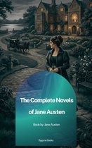 Boekomslag met de titel 'The Complete Novels of Jane Austen' en een schilderachtige weergave van een vrouw in een baljurk bij een landhuis.