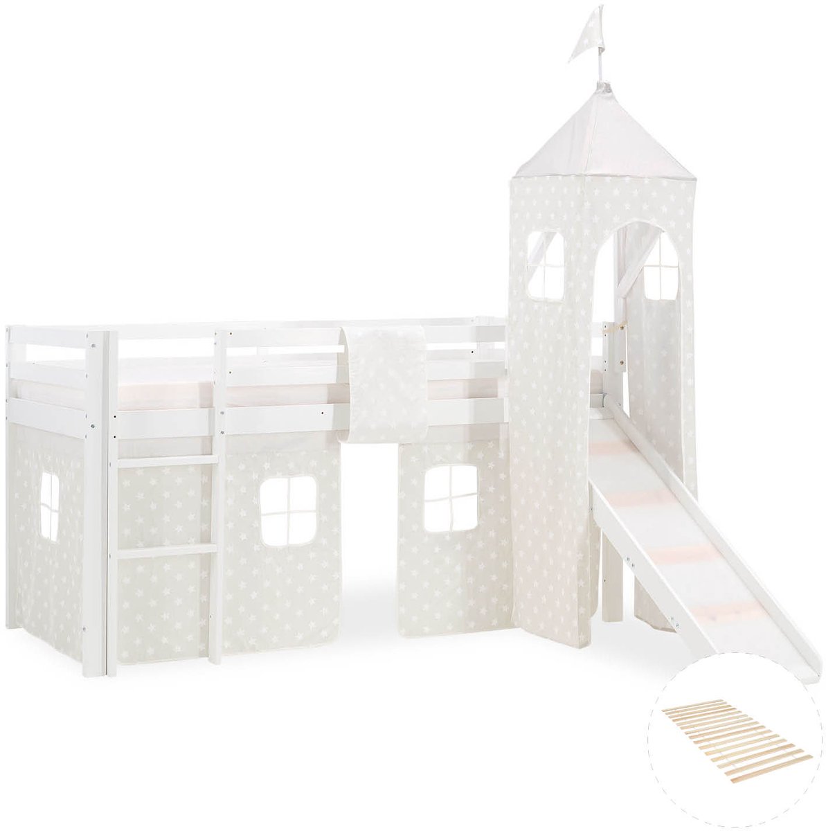 Homestyle4u Hoogslaper - 90x200 cm - met lattenbodem - toren - glijbaan - gordijn grijs sterren Wit