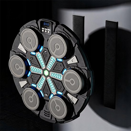 Ronde zwarte boksmachine met 6 grijze targets, LED-verlichting en klittenbandbevestiging aan de muur.