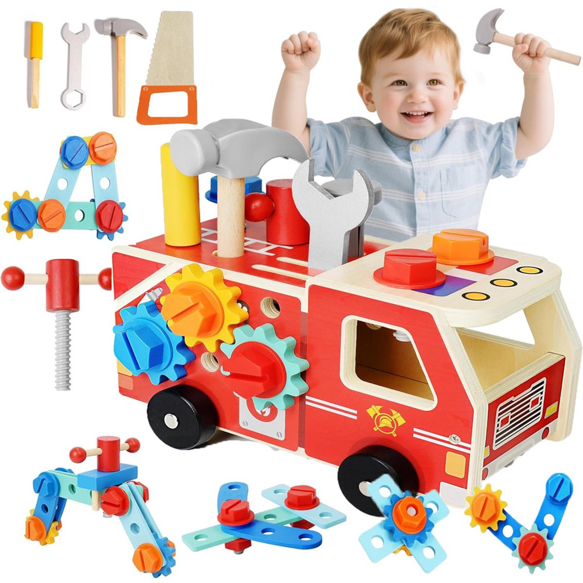 32 stuks Montessori gereedschapskist voor kinderen, 2-in-1 houten werkbank en brandweerauto voor peuters van 2-6 jaar, bevordert de fijne motoriek en creativiteit, educatief speelgoed, cadeau voor jongens en meisjes