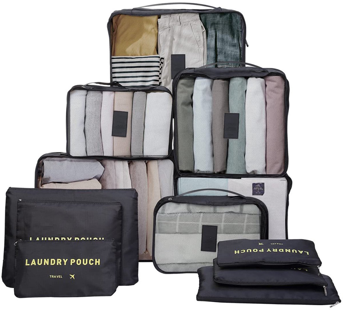 Organizers - Bagage-organizers - 12-delige set - Kledingtassen - Bagage-organizers - Pakzakken - Reisorganizers - Reisaccessoires - Geschikt voor tassen en rugzakken - Zwart