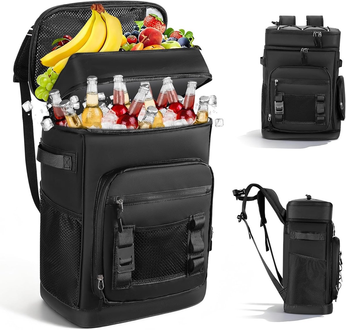 SnelShoppen - Grote Waterdichte Koelrugzak 30L - Geïsoleerde Campingrugzak voor 48 Blikjes - Lekvrije Koeltas voor Strand, Picknick, Wandelen - Zwart