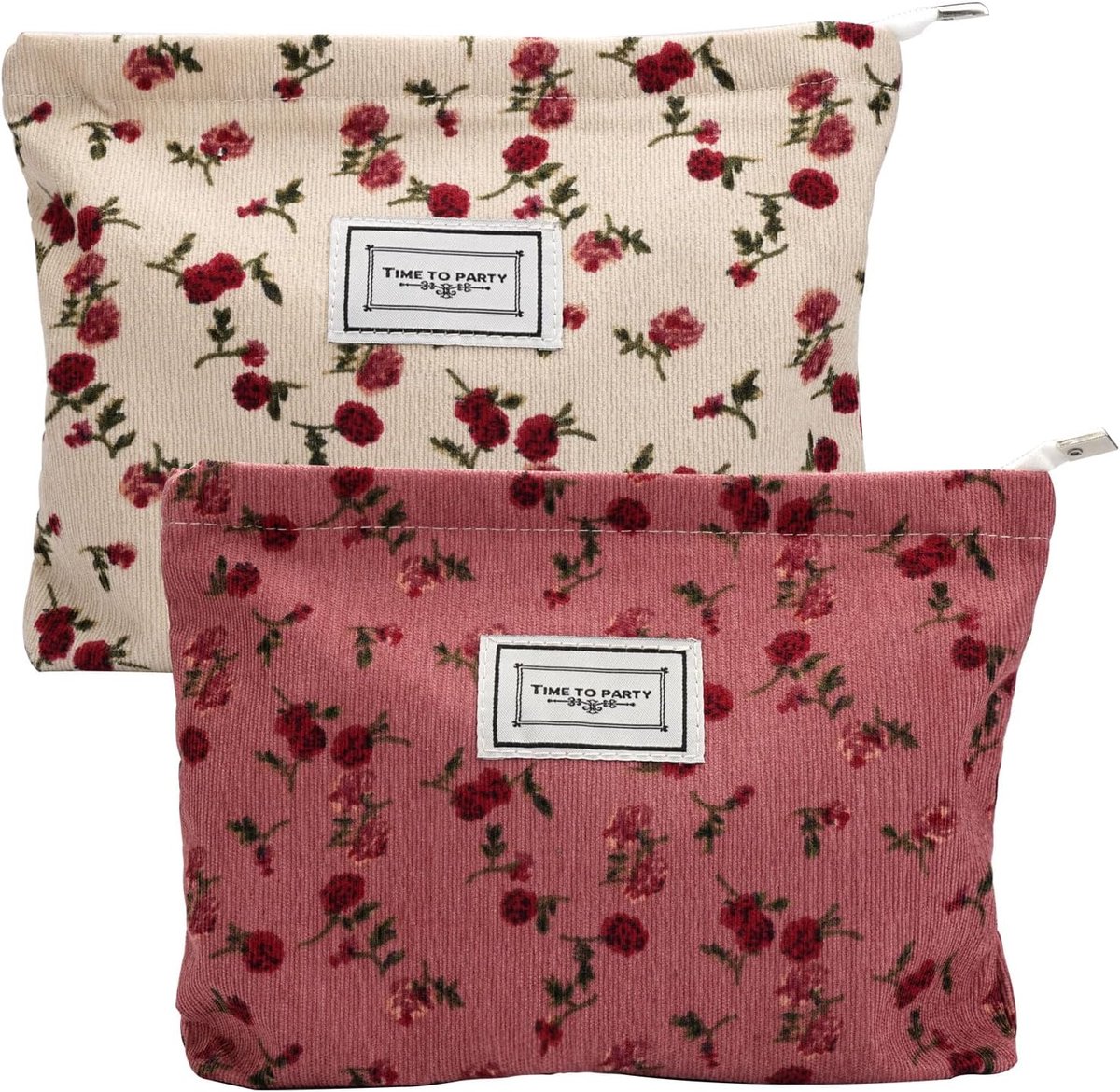 Thijox - 2 Stuks Toilettassen voor Dames en Vrouwen, Bloemen Make-up Tas met Ritssluiting, Draagbare Corduroy Tas voor Reizen, Superzachte Stoffen Mak