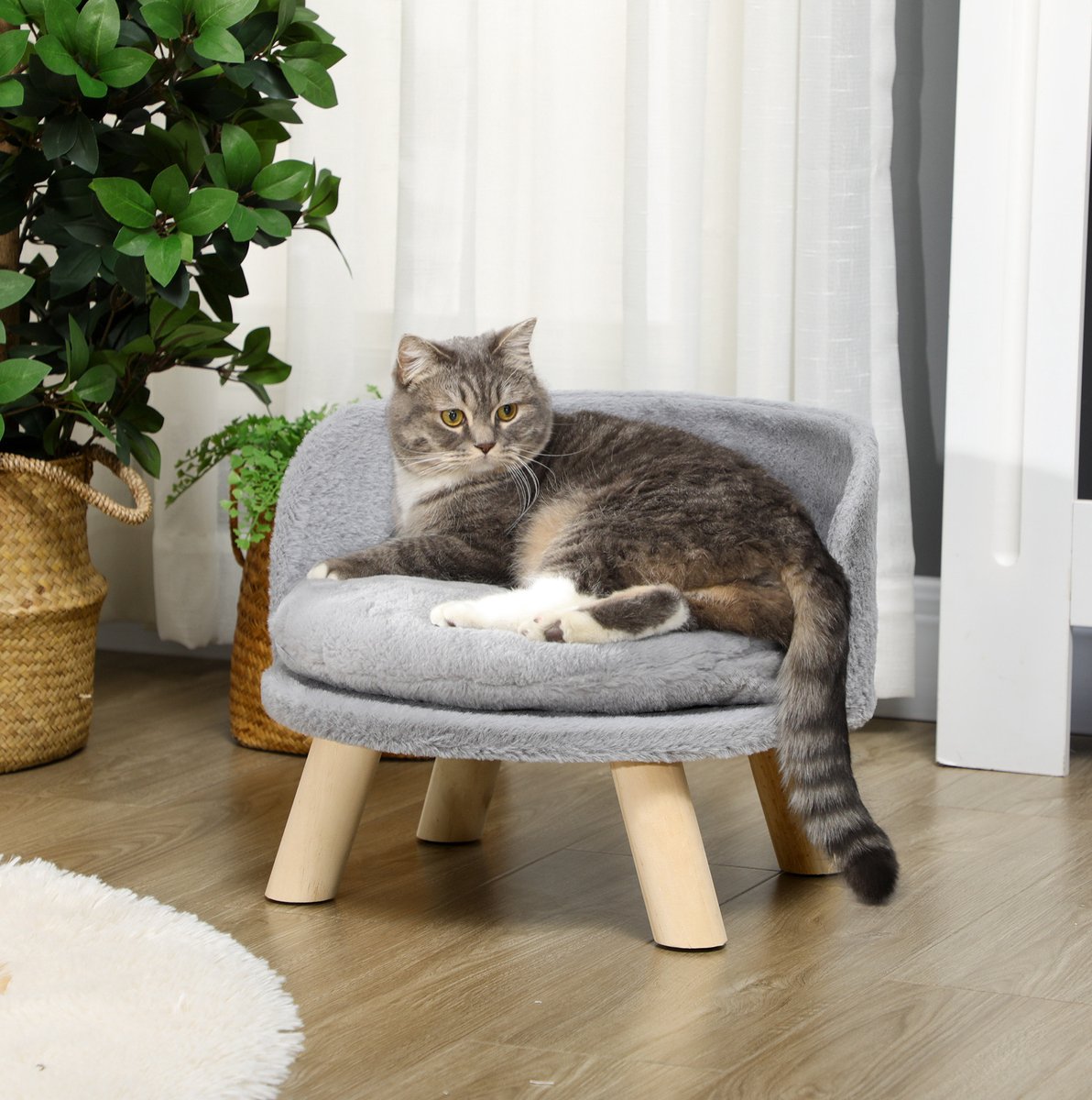 MODENUIT Katten- en Hondenbed – 40,5 x 40,5 x 33 cm – Pluche en Houten Poten – Grijs – Met Kussen