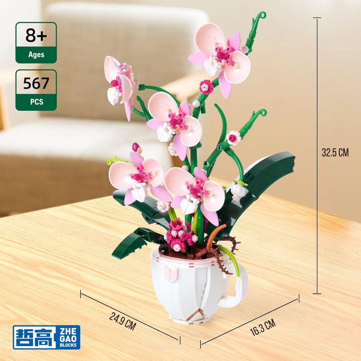 Zhe Gao 3005 Roze Orchideeën bloemen bouwset | Botanical Flowers Collection modelbouw | Classic Creator STEM speelgoed bouwpakket voor volwassenen en kinderen | Educatief kunstbloemen decoratie | Niet geschikt voor Lego | bouwdoos met 567 bouwstenen — afbeelding 9