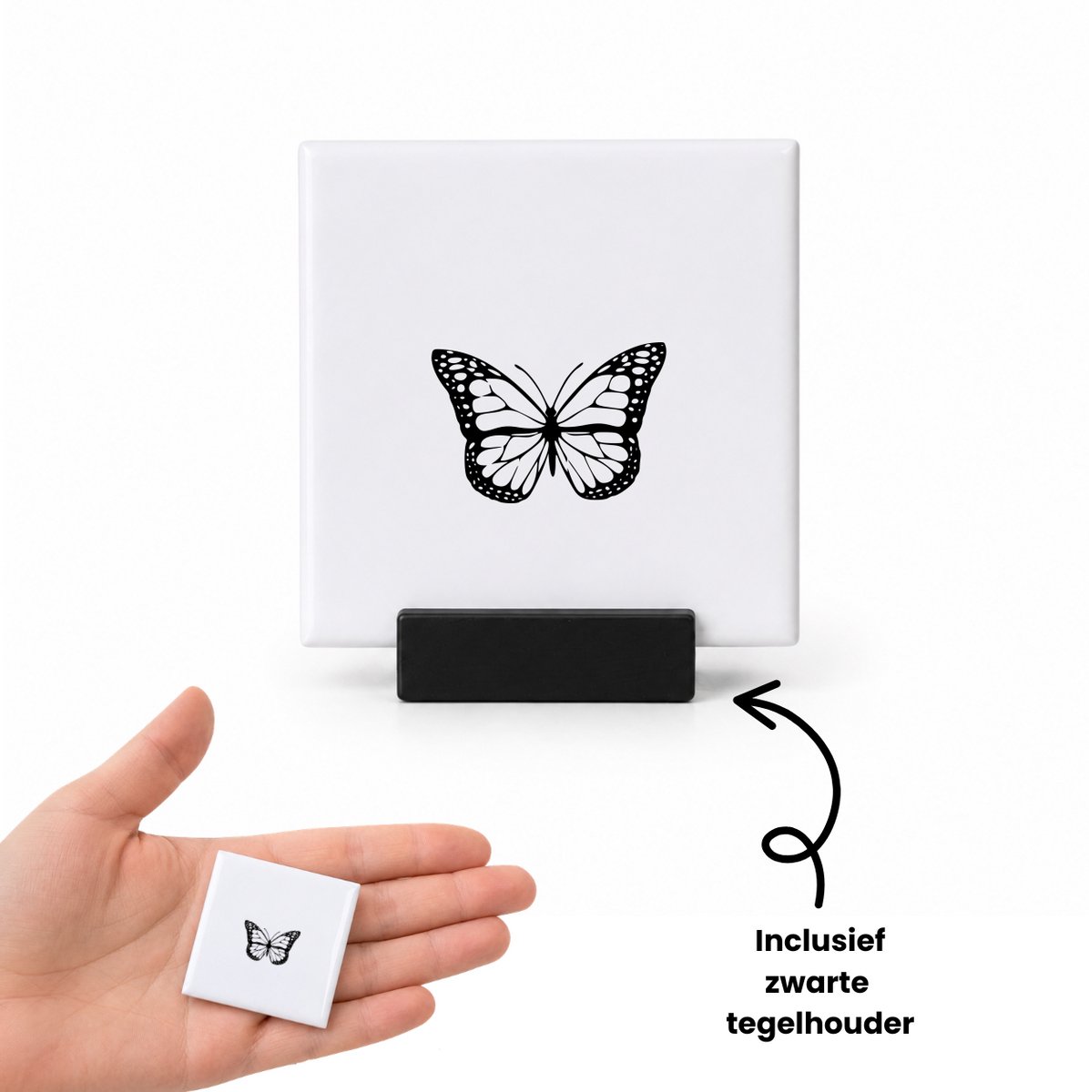 Hacebo Vlinder tegeltje met tegelhouder - Vlinder - Vlinder liefhebber - tegeltjes met tekst - Vlinder decoratie - Cadeau - Vlinder accessoires - Butterfly - spreuktegels - 4.8x4.8 CM Wit