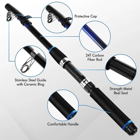 Thijox - 2 stuks Hengelset 1,8 m Telescopische Koolstofvezel Spinhengel met Molen, Vislijn, Kunstaasaccessoires en Draagtas voor Zoet- en Zoutwatervis van Thijox — afbeelding 5