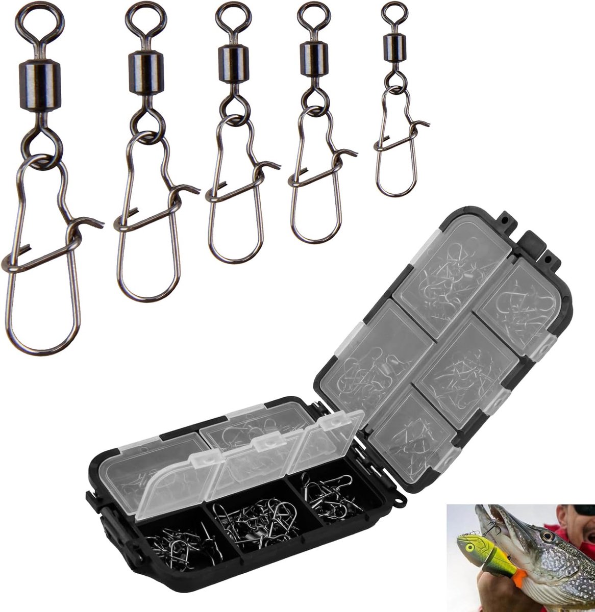 SnelShoppen - 125 Stukken RVS Carabiner Spindles Set voor Vissen, Diverse Maten 4# 6# 8# 10# 12#, Ideaal voor Forelvissen en Andere Vissporten