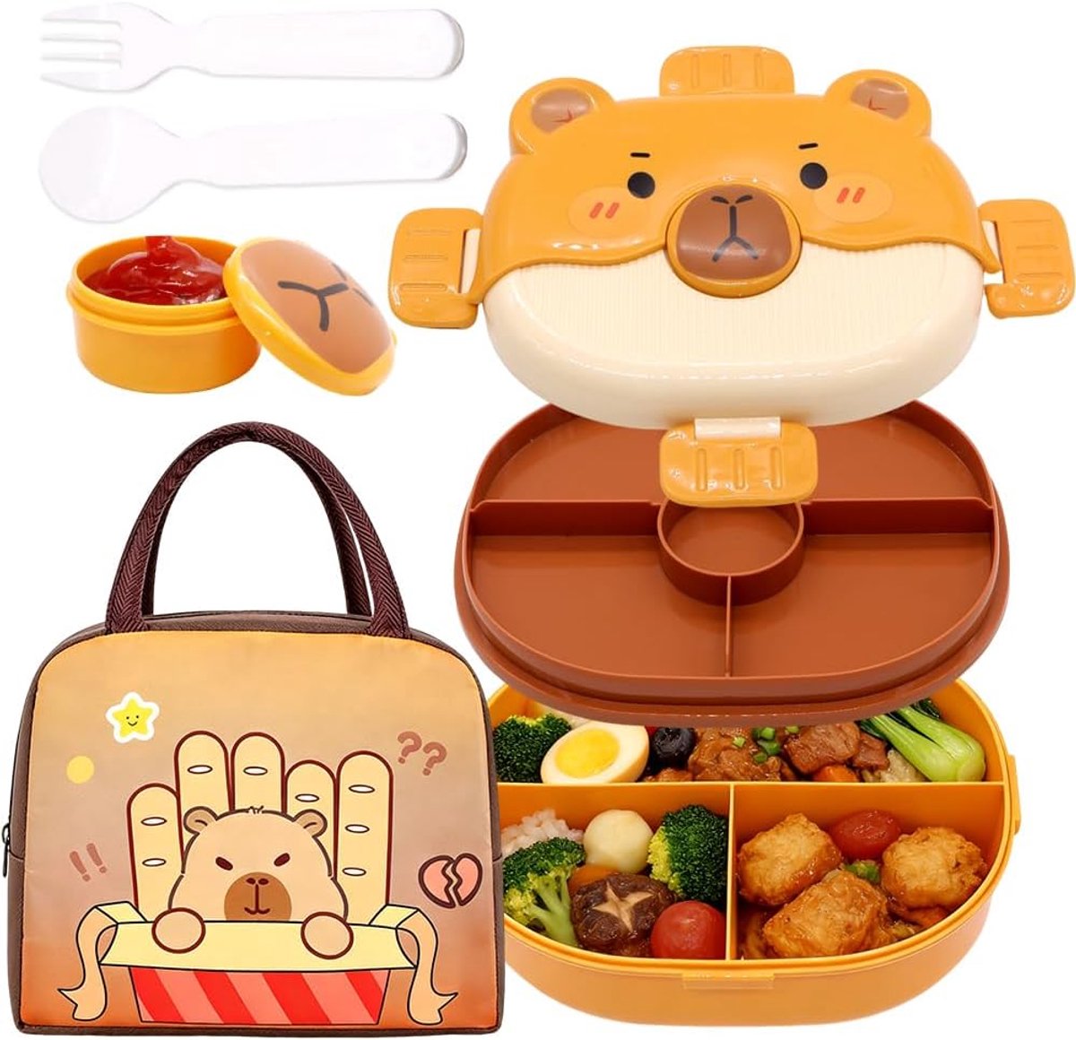 SnelShoppen - Capybara Lunch Box met Compartimenten, Bento Box met Bestek, Vouwbare Koeltas, Lekvrije Picknicktas voor Picnics, Reizen en Kinderen