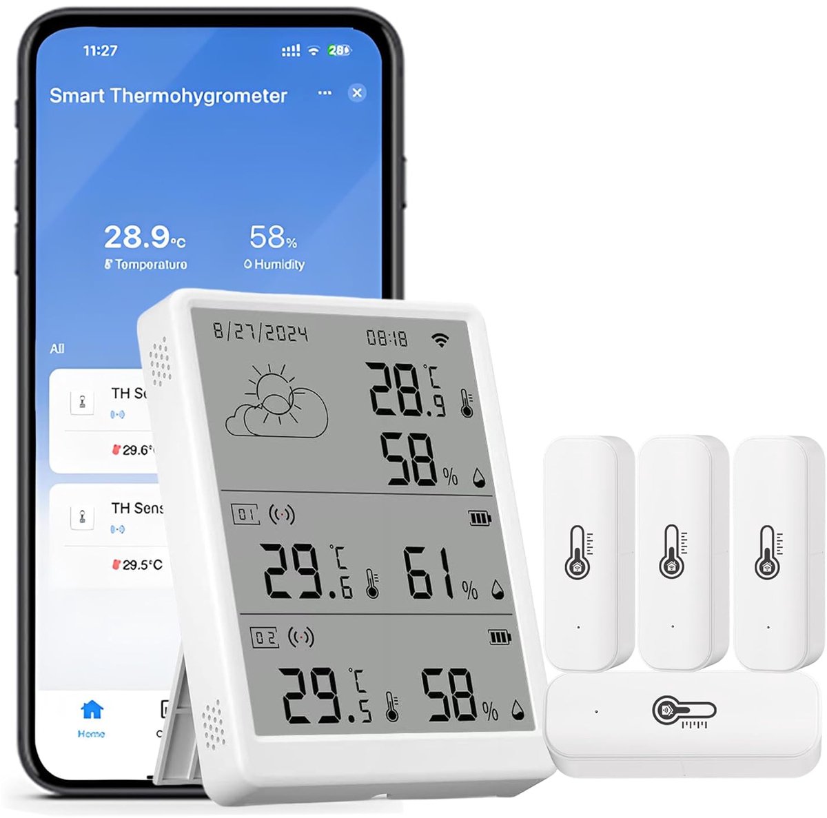 SnelShoppen - WLAN Thermometer Hygrometer Binnen - Slimme Temperatuur en Vochtigheid Monitor met App Meldingen, 4 Sensors en Basisstation, Compatibel