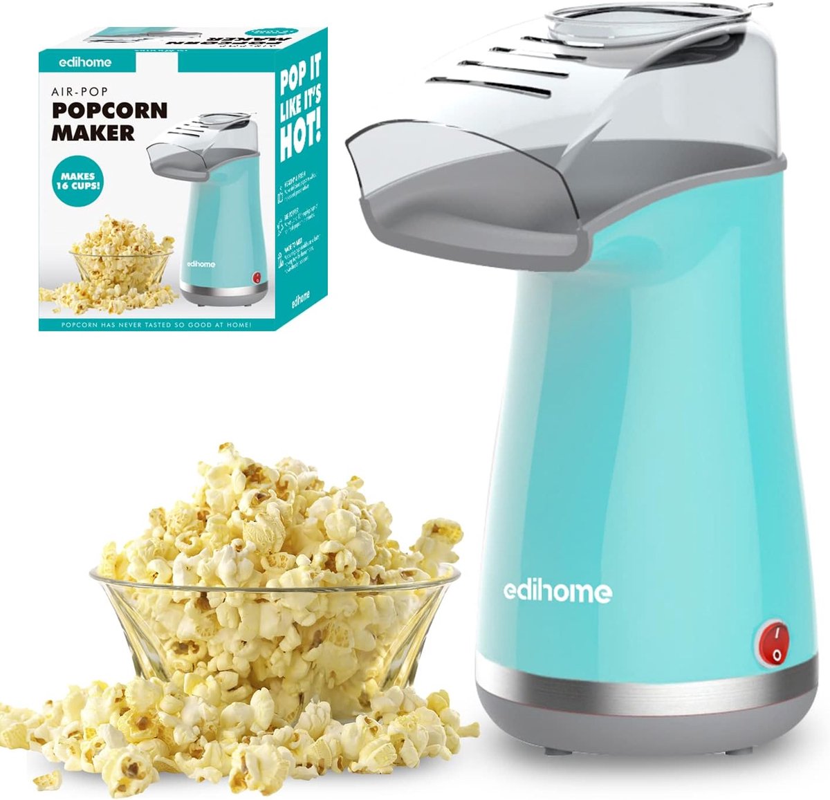 SnelShoppen - Elektrische Popcornmachine - 1200 W - Inclusief Doseringslepel - Popcorn in 2 Minuten - Blauw - Voor Feesten, Camping en Thuisgebruik