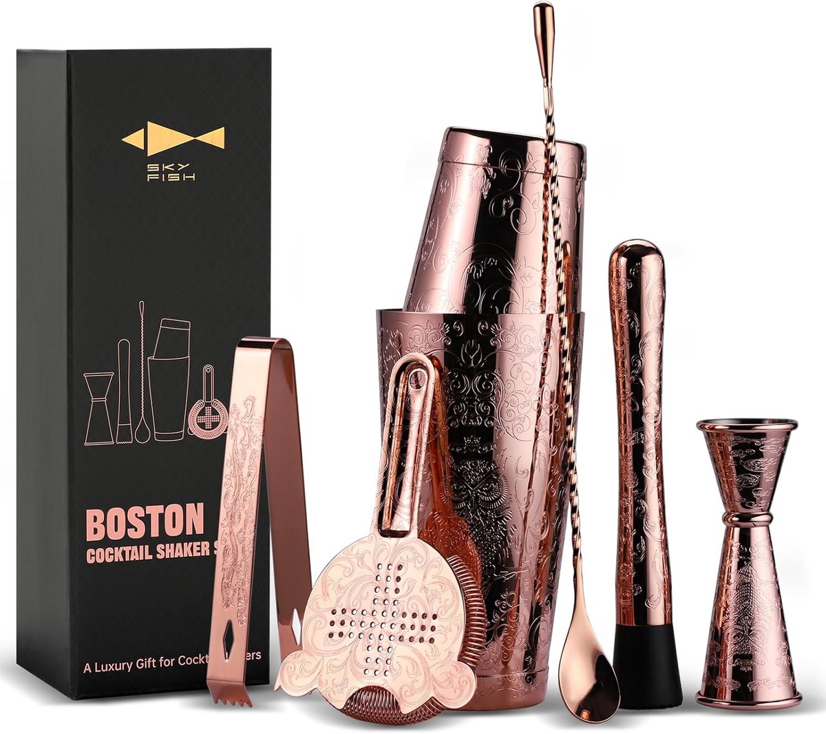 SnelShoppen - Cocktail Shaker Set 7-Piece Etched Copper Bar Set in Gift Box - Handwas, Perfect voor Feesten, Keuken, Elegant Design