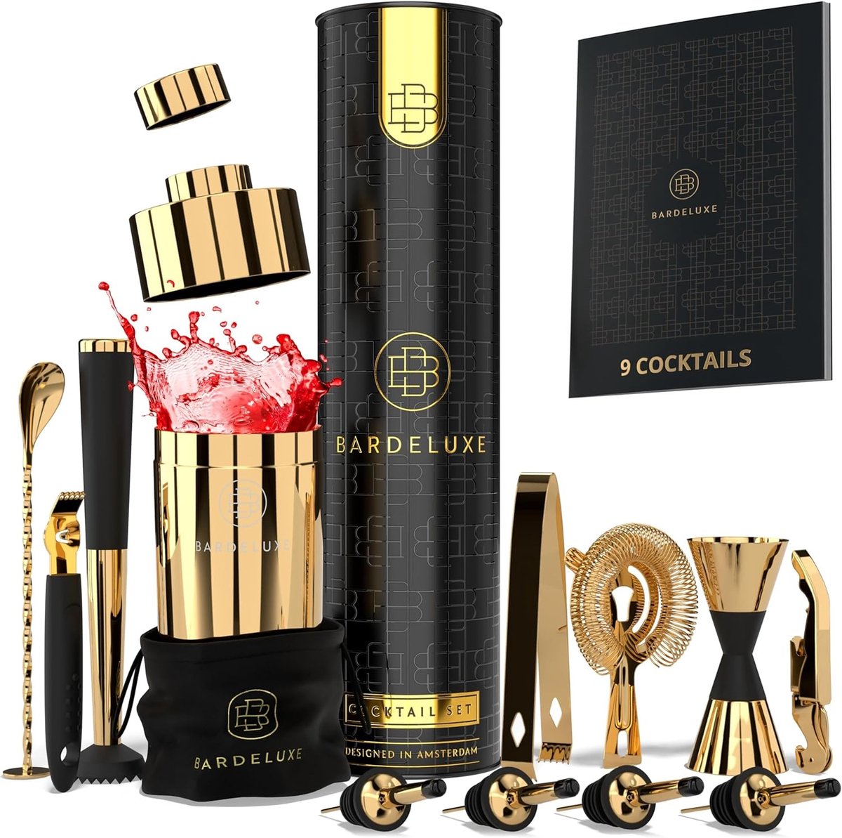 SnelShoppen - 12-delige Cocktailset - Cocktail Shaker Set 750ml RVS - Inclusief Luxe Cadeaubox, Opbergtas & Receptenboek (Goud) - Perfect voor Feestje