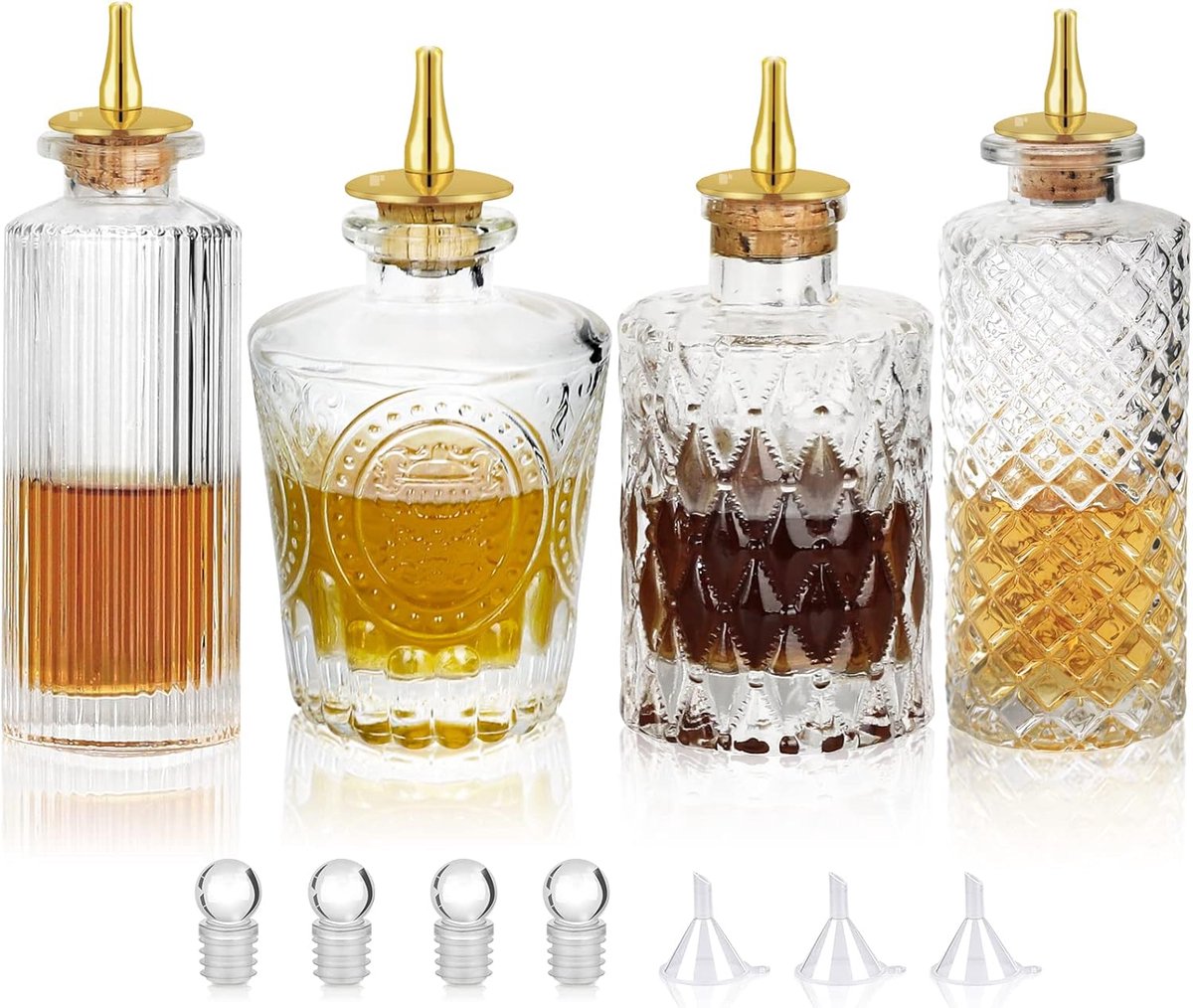 SnelShoppen - 4-delige Glazen Bitters Fles Set met Gouden Kurken voor Cocktails - Decoratieve Opbergflessen voor Drankjes, Keuken, Feest, Bar