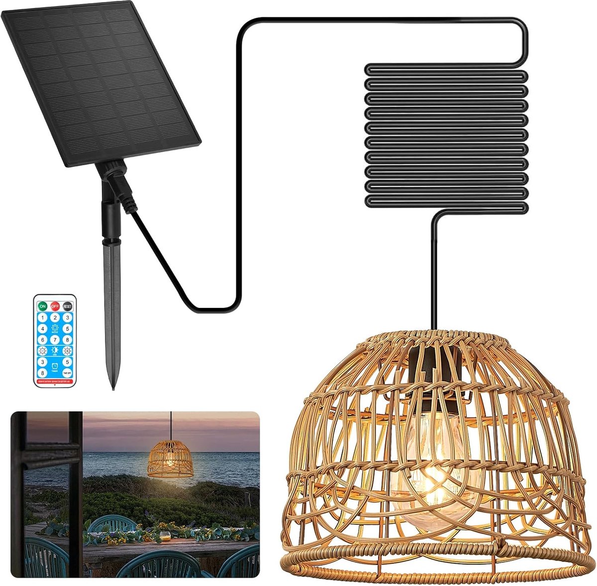 SnelShoppen - Solar Powered Hanging Lamp - IP65 Waterproof Buitenlamp met Afstandsbediening - Dimbare Solar Lamp met Timer voor Tuin, Balkon, Terras -