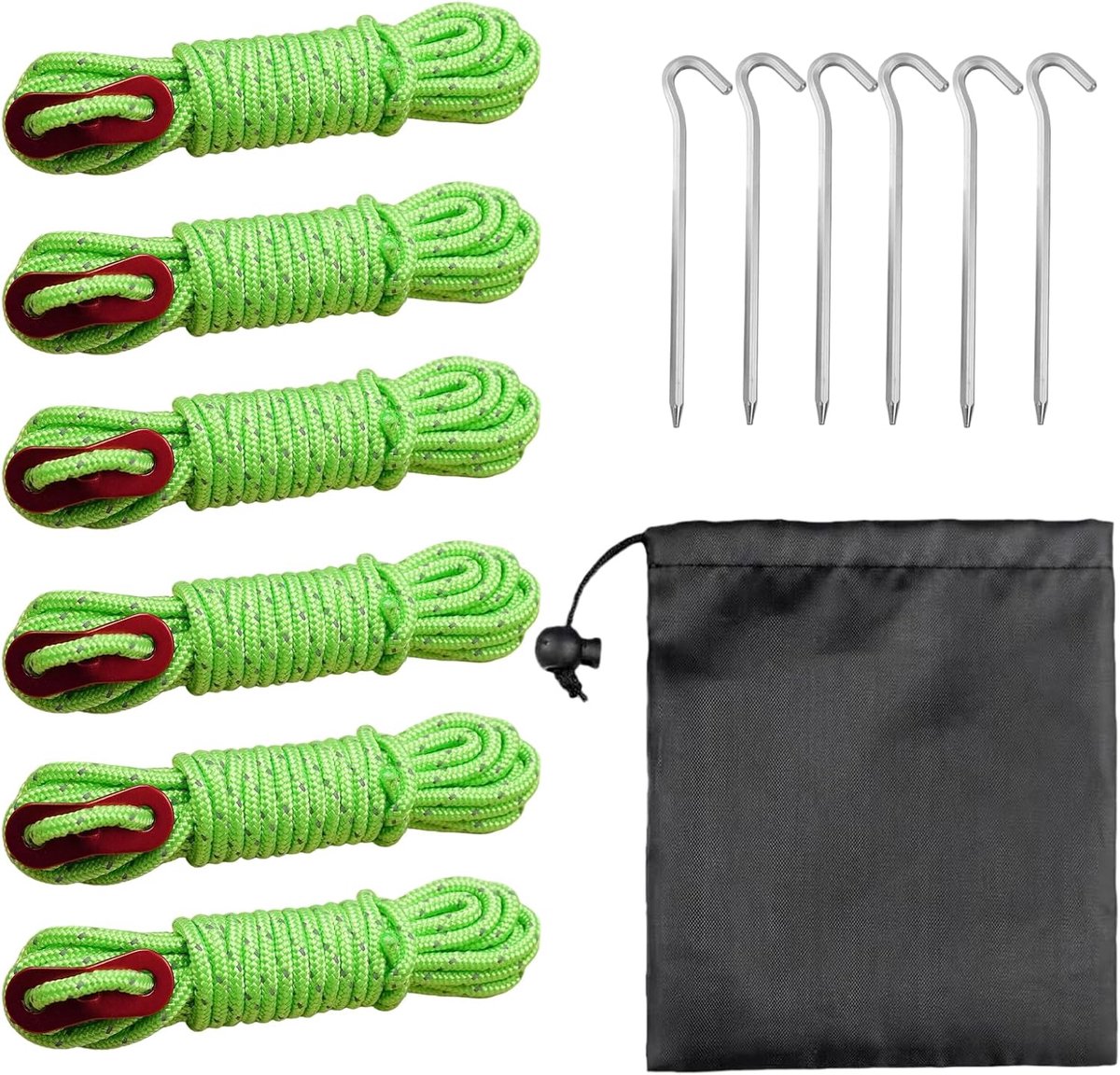 SnelShoppen - Reflecterende Tent Guy Ropes 6 Stuks 4mm 4m met Spanners, Duurzame Gidslijnen met 6 Tentstokken voor Buiten Camping Accessoires, Hiking,