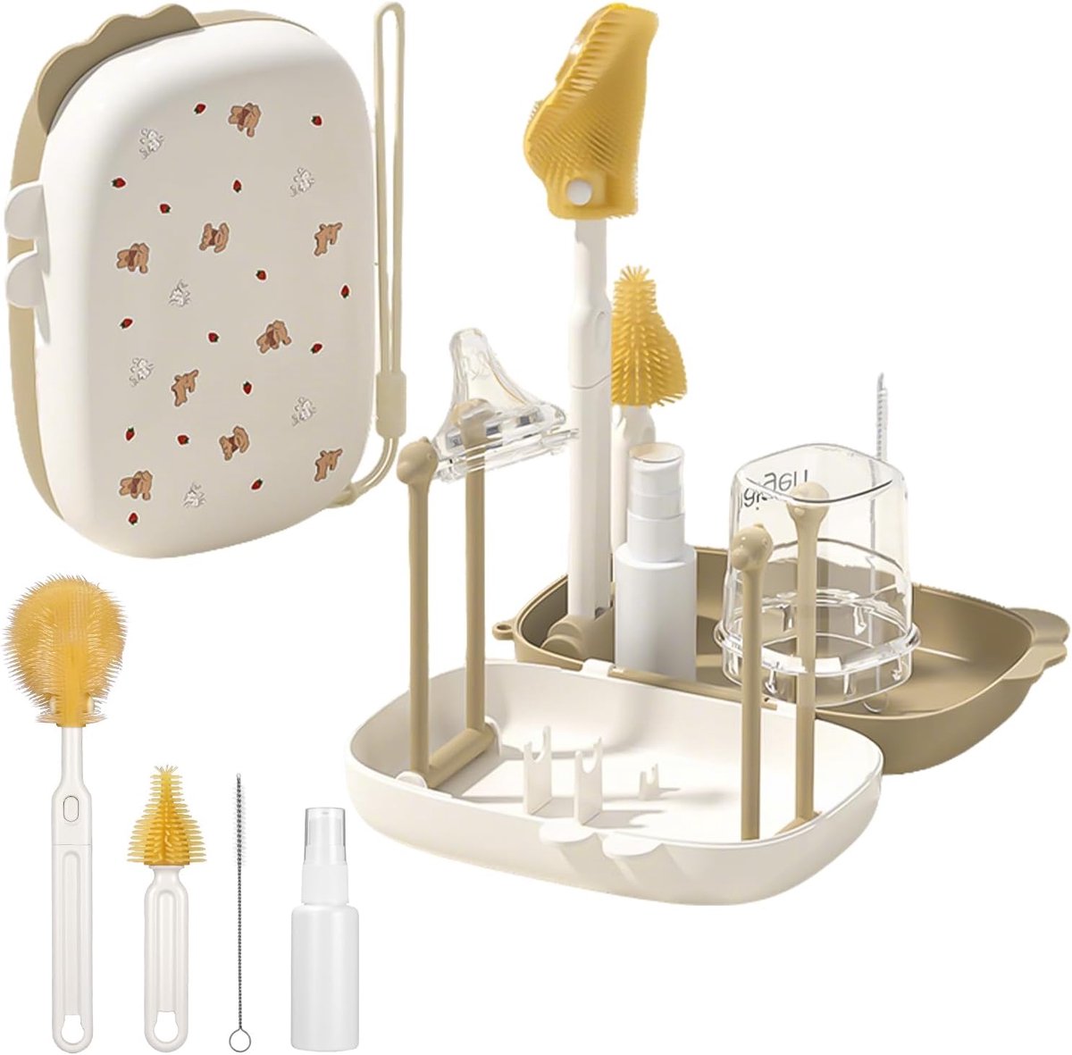 SnelShoppen - 7-in-1 Babyfles Borstel Set, Compleet Met Siliconen Borstel, TePel Borstel, Rietje Borstel, Droogrek en Zeepdispenser, Ideaal Voor Thuis