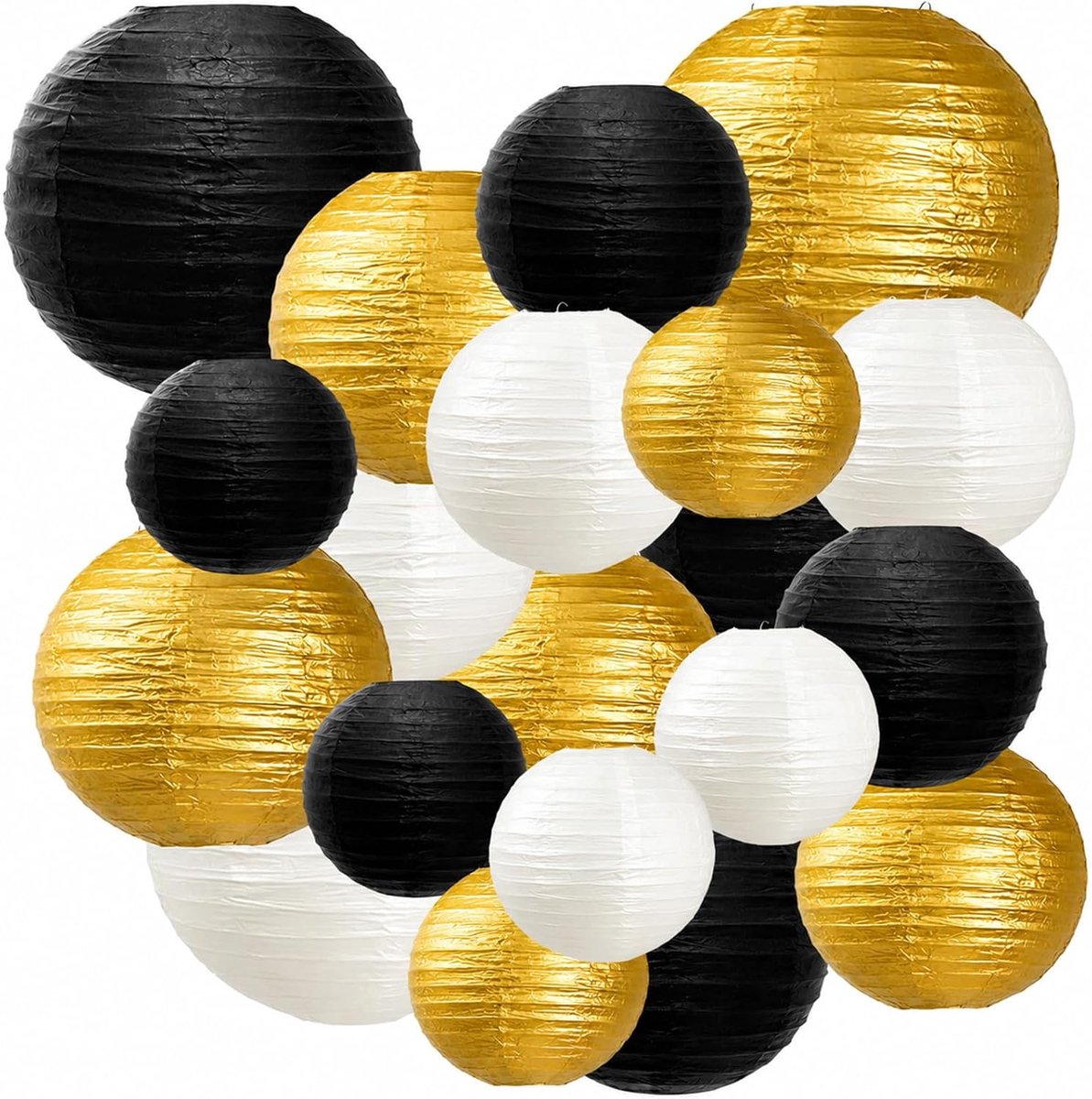 SnelShoppen - 20 Stuks Papieren Lantaarns Zwart Goud Wit - Ronde Decoratie voor Tuinfeest, New Year's Eve, Prom Party - Herbruikbare Buiten Hangende L