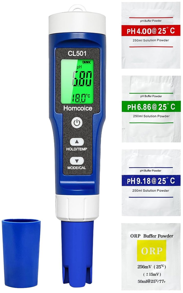 SnelShoppen - pH Chlorine Pool Meter 5-in-1, Waterkwaliteit Tester voor Zwembad, Aquarium, Hydroponics, Precisie pH, Chloor, ORP, H₂, Temperatuur