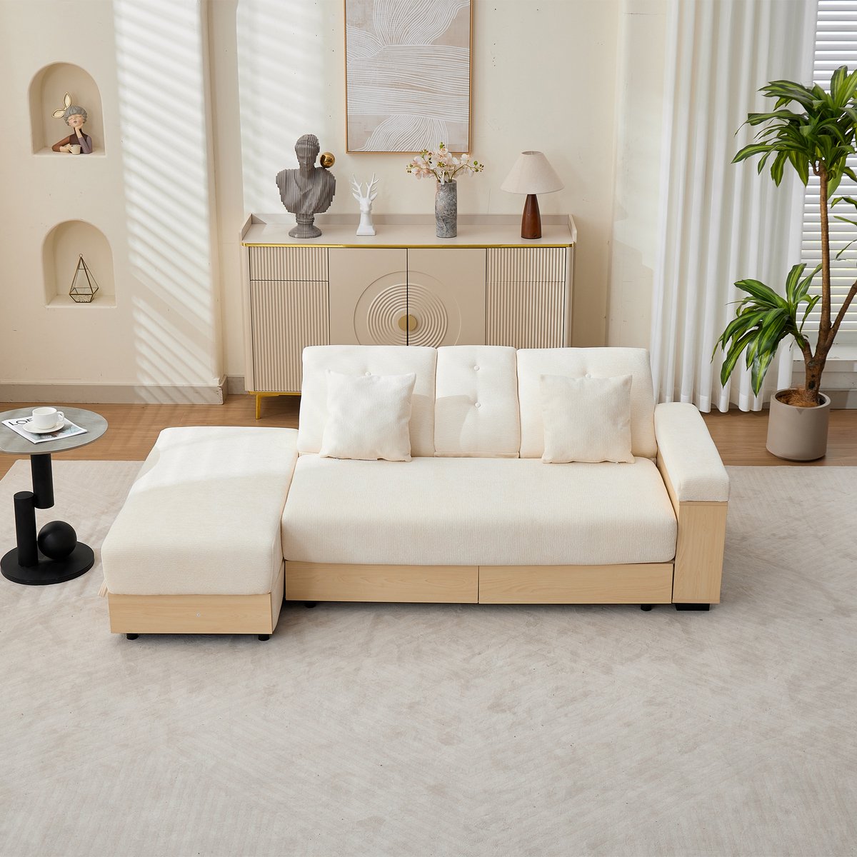 STILVORA Slaapbank 217 Cm - 3-Zits Met 3-Standen Rugleuning En Opbergruimte - Voor Woonkamer En Logeerkamer - Chenille Beige
