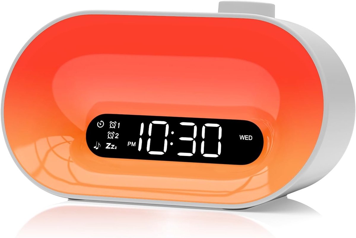SnelShoppen - Licht Alarm Klok met Zonsopgang Simulatie, 2 Alarmen, 7 Ringtones, 30 Geluiden, Bedside Lamp met 14 Kleuren voor Dames, Jongens en Meisj