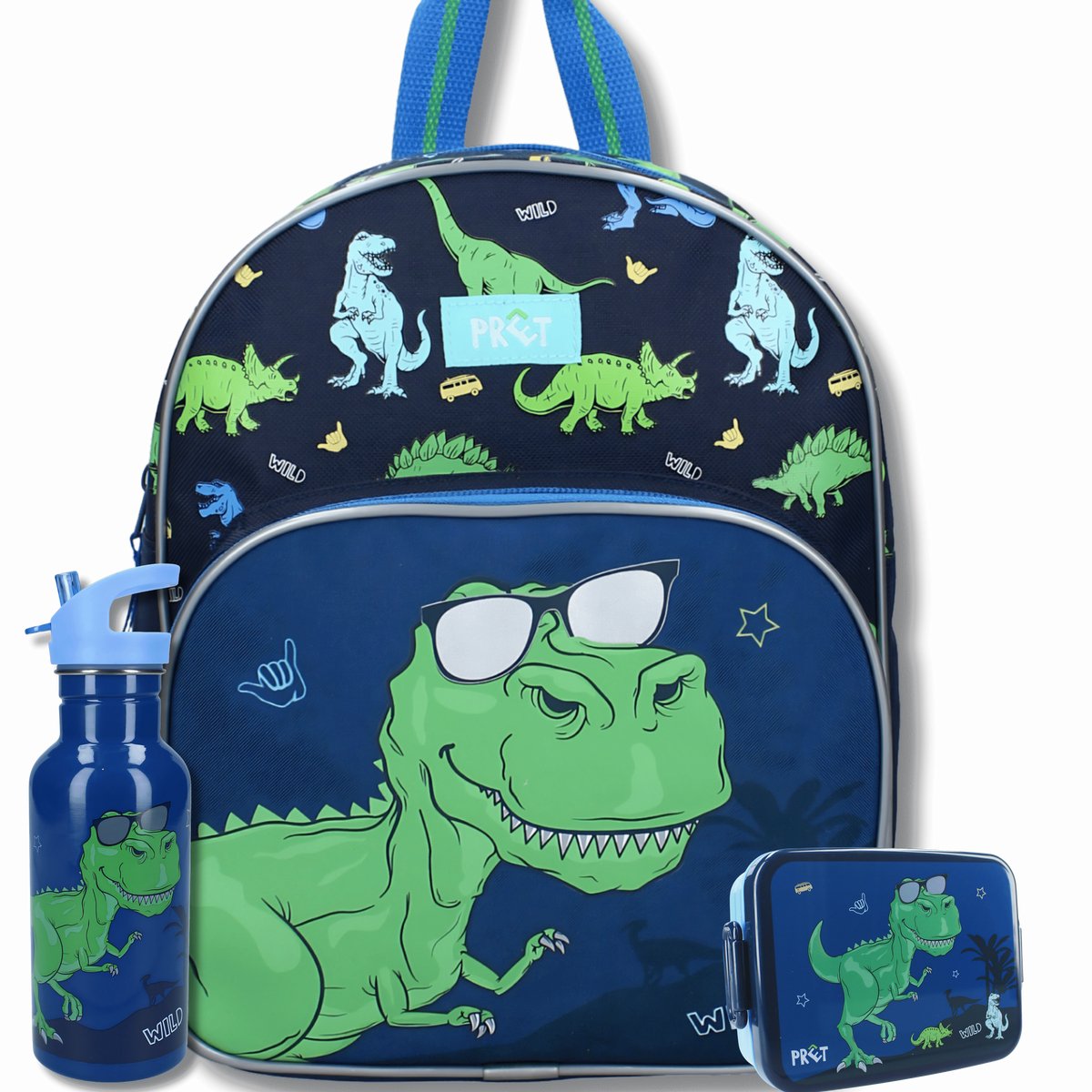 Dino Schooltas Set Jongens 3-Delig – Rugzak, Broodtrommel & Drinkfles – Reflecterende Dino Ogen – Blauw