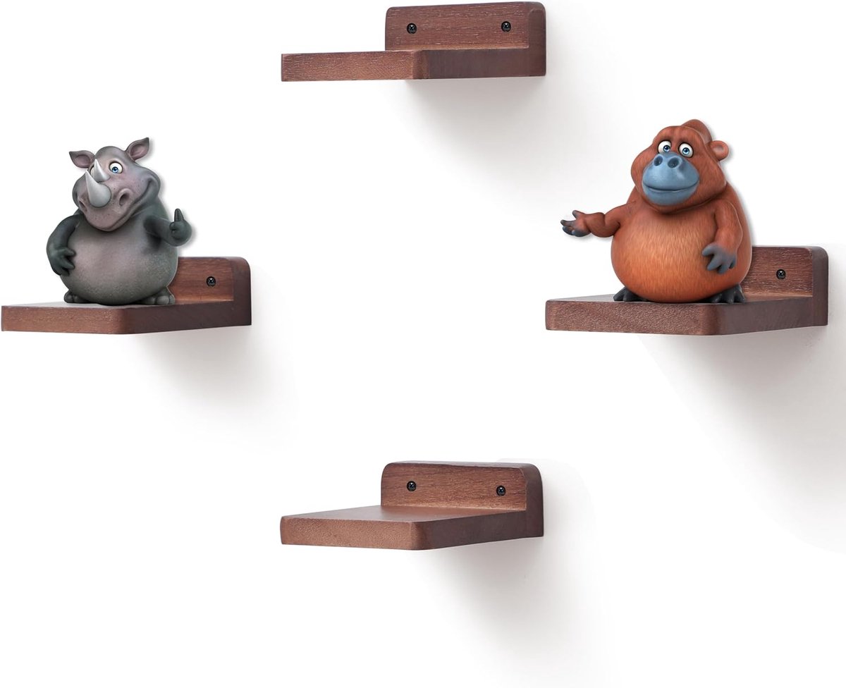 SnelShoppen - Set van 4 Kleine Zwevende Planken voor Wand, Houten Vierkante Plank voor Kleine Voorwerpen, Decoratieve Mini Wandplank, 10.2x10.2x4cm (L