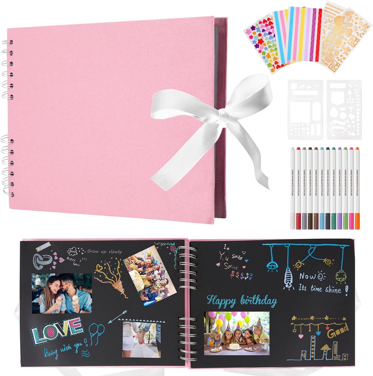 SnelShoppen - Gepersonaliseerd Scrapbook Foto Album met 12 Metallic Marker Pens, Zwart Karton, Stevige Hard Cover, 40 Dubbelzijdige Pagina's voor Crea