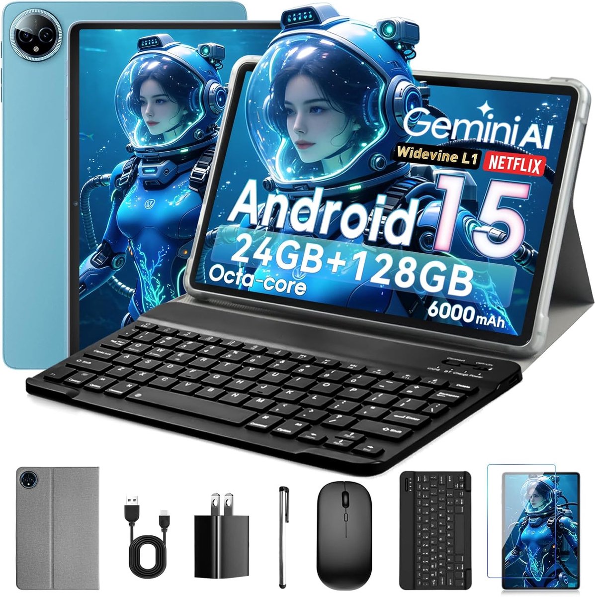 SnelShoppen - 10 Inch Tablet Android 15, 24GB RAM, 128GB ROM (1TB Expandable), Octa-Core, HD IPS Touchscreen, Dual Camera, 6000mAh, Met Toetsenbord en