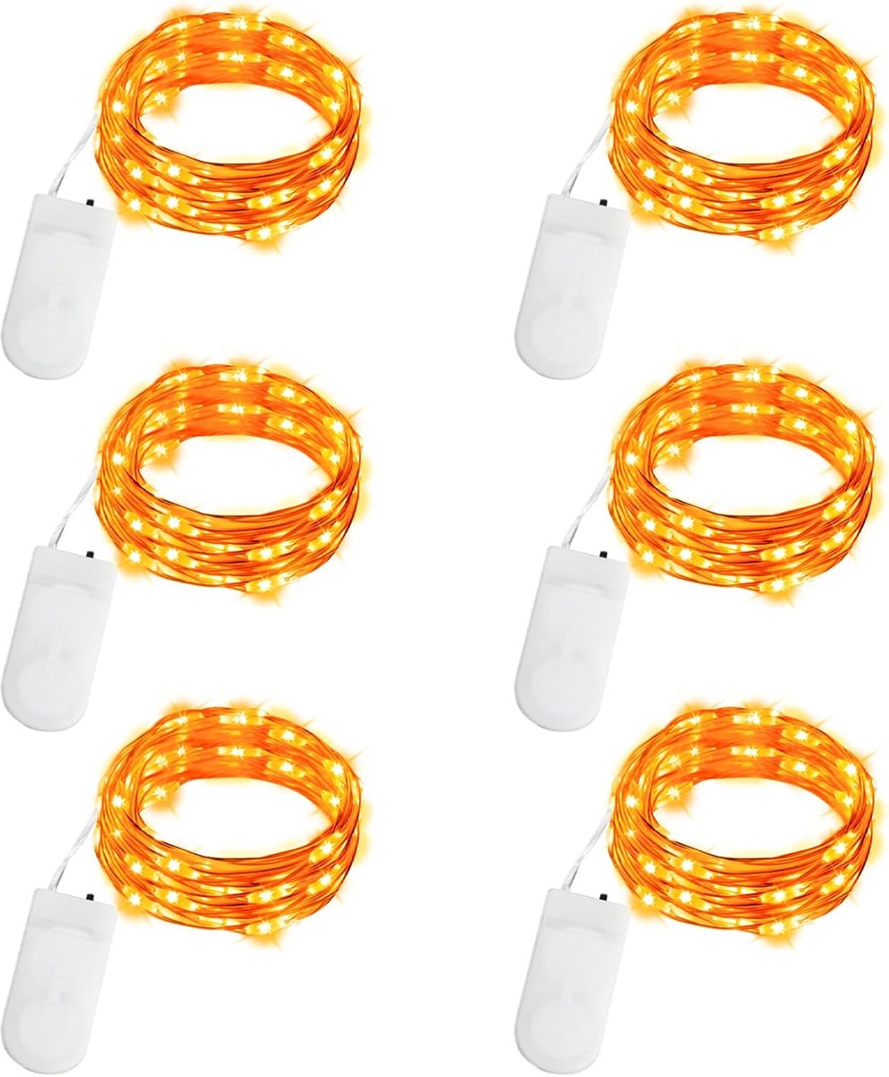 SnelShoppen - Micro LED Fairy Lights 6x20 Met CR2032 Batterij, 2m Zilverdraad, Waterdicht voor Feest, Kerst, Halloween, Decoratie Flessen (Oranje)