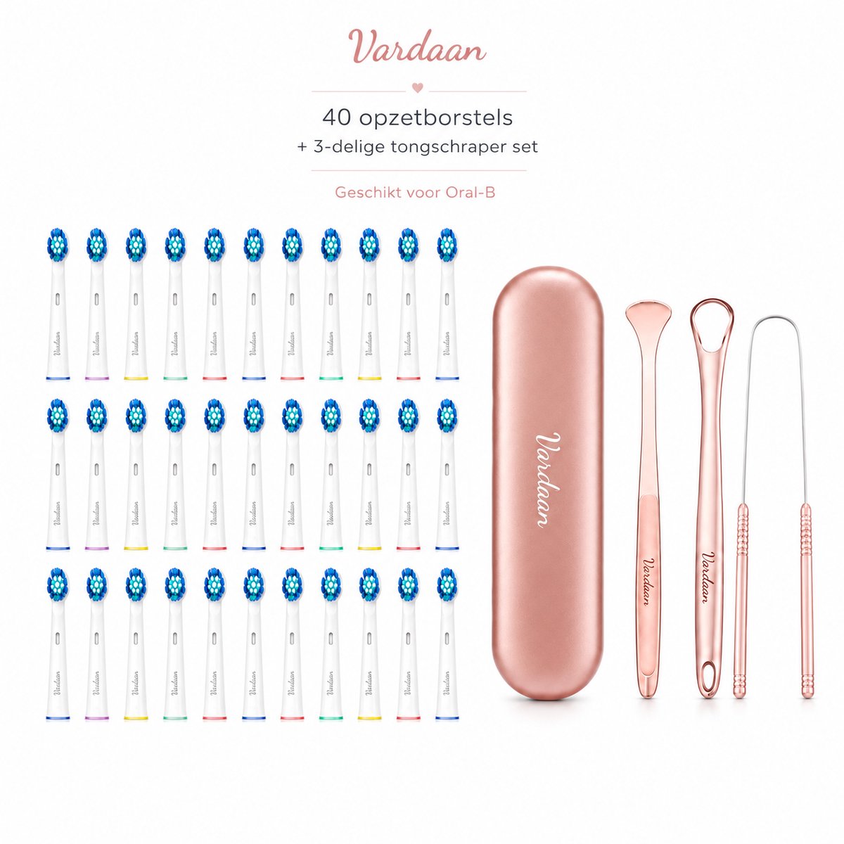 Vardaan Opzetborstels - Universeel - Professionele Tandenborstel + 3 Delige RVS Tongschraper Set Voor Mondverzorging - 40 stuks