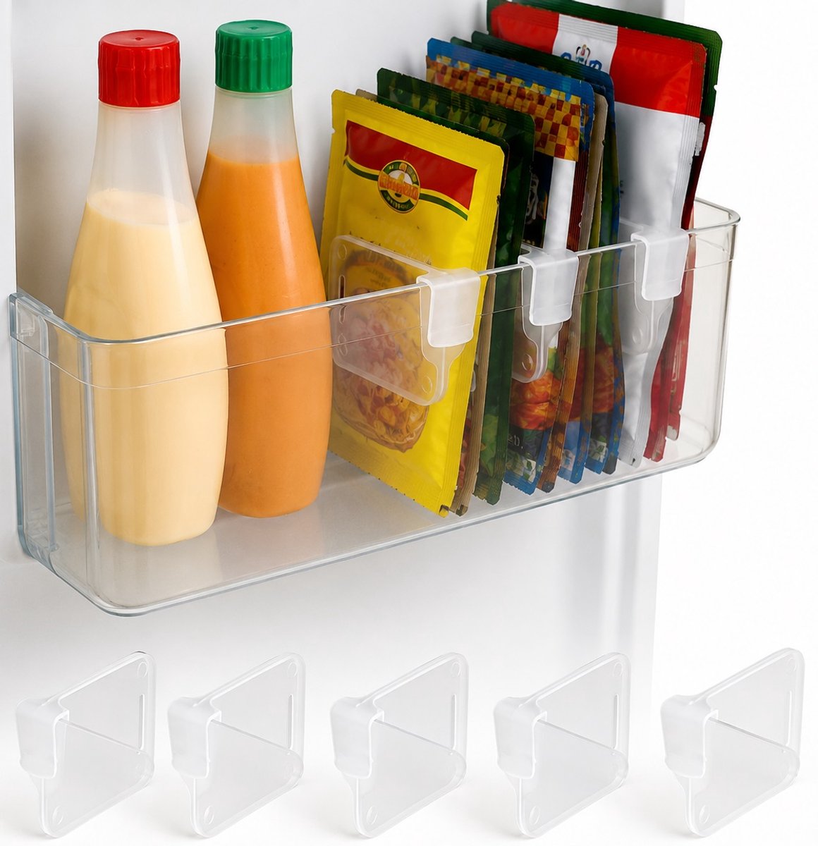 Koelkast Organizer Verdelers – Set van 5 – Transparante Deurverdelers – PP Opbergclips – Verstelbare Koelkast Deur Organizer – Voor Flessen, Sauzen, Blikjes & Kleine Verpakkingen