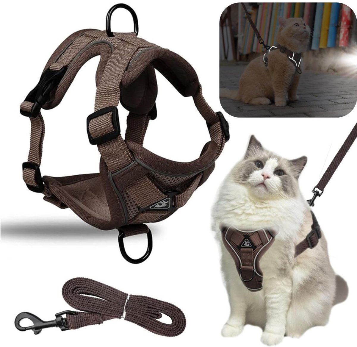 Kattentuigje met Looplijn - Kattentuigje - Kattenharnas - Bruin
