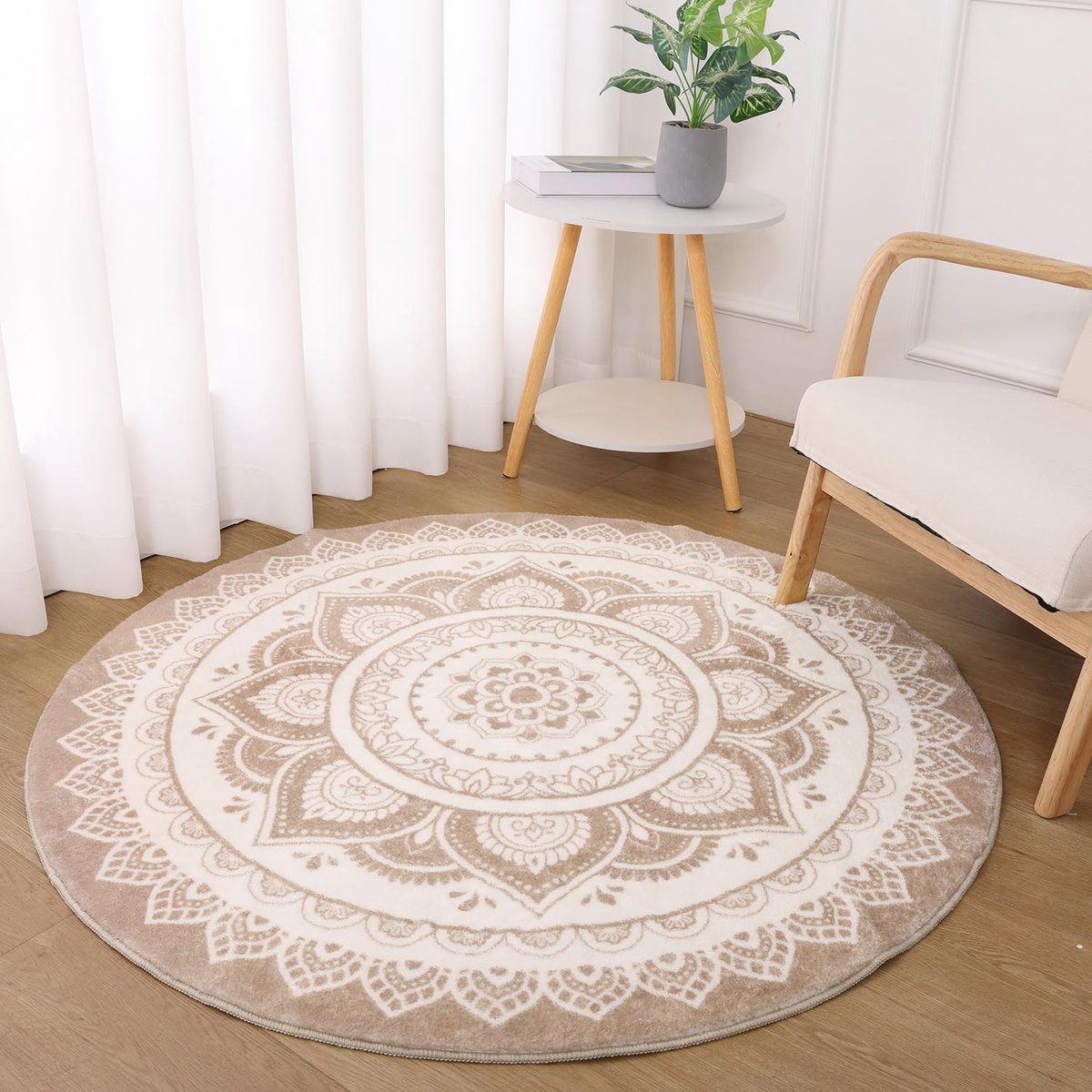 SnelShoppen - Rond Tapijt 160 cm - Antislip Vintage Fluffy Vloerkleed voor Woonkamer, Slaapkamer, Keuken en Kinderkamer in Beige - Machinewasbaar en V